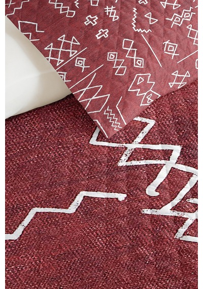 Bohem Etnik Bordo Tek Kişilik Pike Takımı - Geometrik Beyaz 160x220 Cm Kapitone Yazlık Yatak Örtüsü Kırsal Ufuk Demi