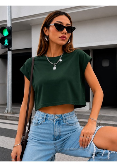 Bonnywıll Bonnywılll Bisiklet Yaka Düşük Kol Crop T-shırt Haki