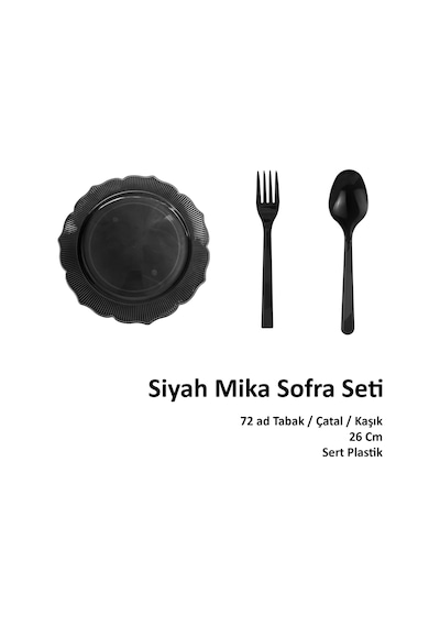 Omeyva 26 Cm. Siyah Sorfa Davet Seti - Sert Mika Plastik - 72 Kişilik Tabak Çatal Kaşık Takımı
