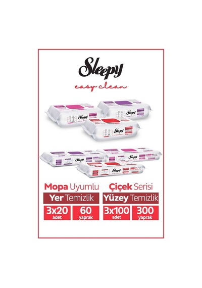 Sleepy Easy Clean Çiçek Serisi 3x100 Yüzey, 3x20 Yer Temizlik Havlusu Karma Paket Tekli