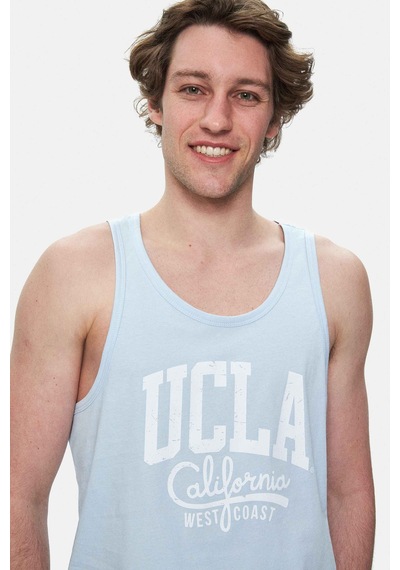 Ucla Pebble Gök Mavi Sıfır Kol Baskılı Oversize Erkek Tshirt Gök Mavi