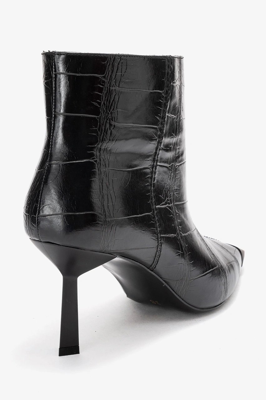 Luvishoes Luvi Shoes Rassel Siyah Baskı Mat Burunlu Kadın İnce Topuklu Bot Siyah Kroko