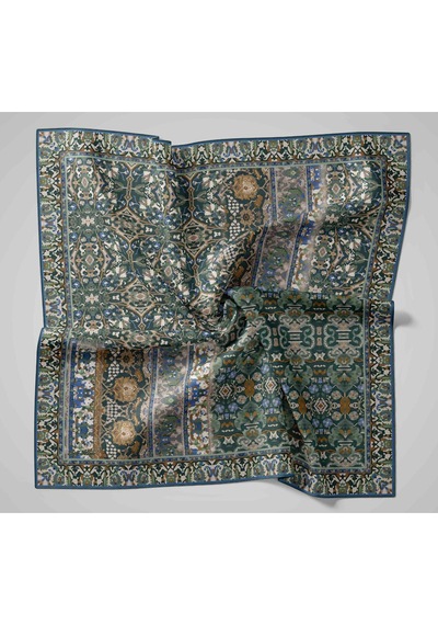 Silk Home Twill İpek Eşarp Lacivert Yağ Yeşili Desenli Tok Duruşlu Kaymaz 90x90 Çok Renkli