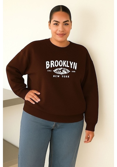 Benroma 3 İplik Penye Brooklyn Baskılı Büyük Beden Unisex Sweatshırt Kahverengi