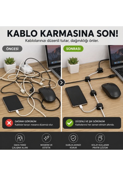 Coofbe 6'lı Yapışkanlı Kablo Tutucu Klips Masaüstü Kablo Düzenleyici Şarj Kablosu Sabitleyici