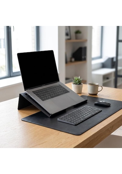 Metal Laptop Standı, Siyah Dizüstü Bilgisayar Yükseltici Stand, 38x26 Cm Havalandırma Delikli Ergonomik Açılı Notebook Standı, Özel Boyalı Masaüstü Laptop Yükseltici