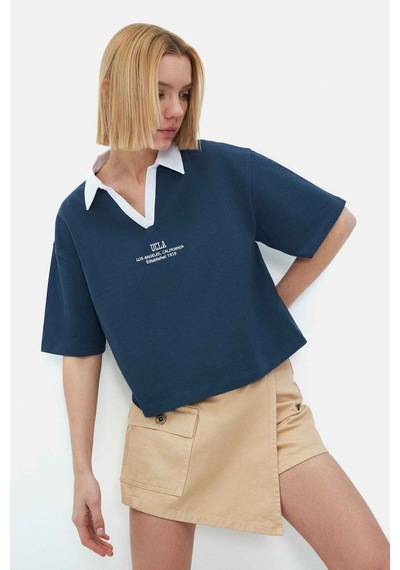 Polly Lacivert Polo Yaka Nakışlı Loose Fit Kadın Tshirt Lacivert