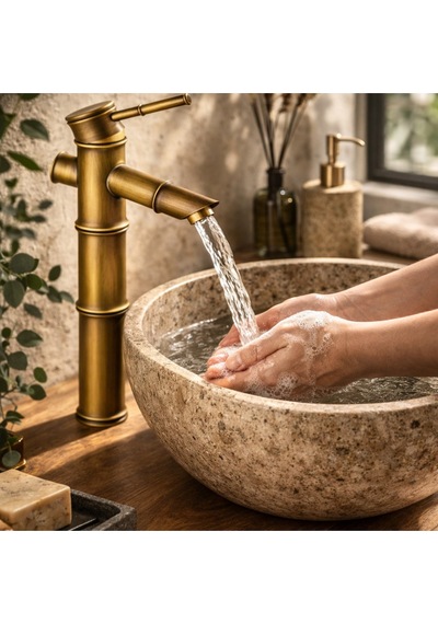 Viosa Eskitme Bambu Çanak Lavabo Bataryası Çanak Lavabo Uyumlu Antik Gold Pirinç Musluk Siyah