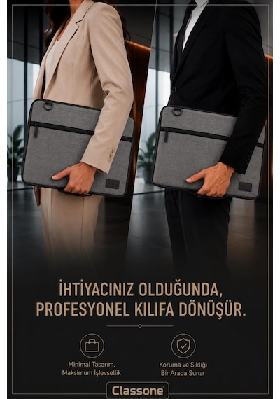 Classone 3in1 Serisi Clk144 13,14 İnch Uyumlu Tablet, Laptop El Ve Omuz Çantası Keten Gri