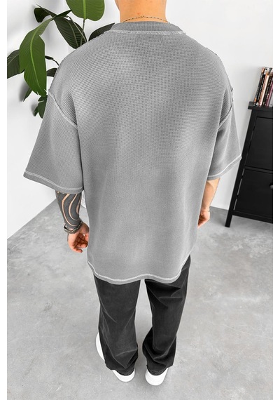 Gri Ters Dikiş Detay Dokuma Oversize Tişört Gri