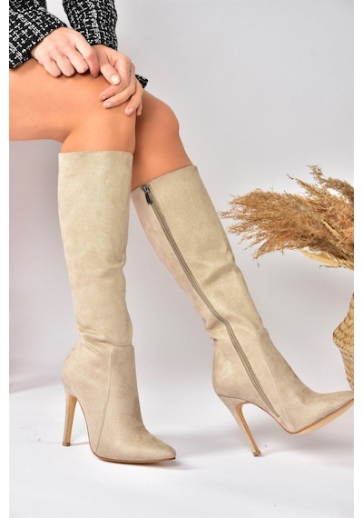 Fox Shoes Bej Süet İnce Topuklu Sivri Burun Kadın Çizme N372530102 Bej