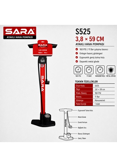 Sara S525 Ayaklı Hava Pompası 3,8 X 59 Cm, Manometreli, 160 Psı / 11 Bar