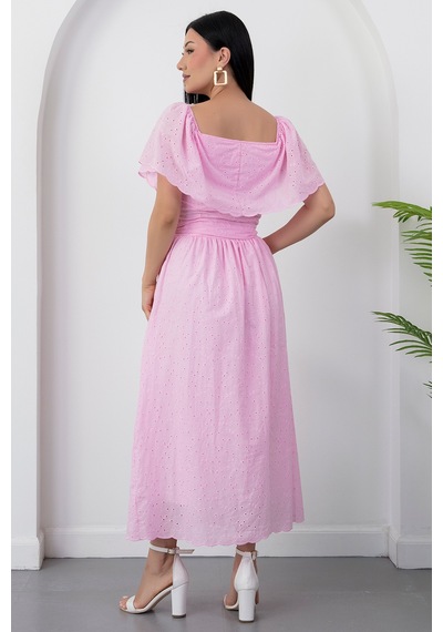 Kalopya Madonna Yaka Kemerli Brode Elbise 2026-4643 Pembe