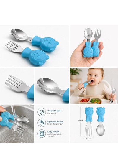 Valkyrie 304 Çelik Panda Bebek Kaşık Çatal Setisilikon Saplı Bpa İçermez Ergonomik Kaymaz Mavi