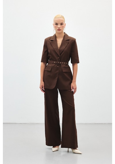 Sateen Bol Paça Keten Pantolon - Kahve-136410 Kahve