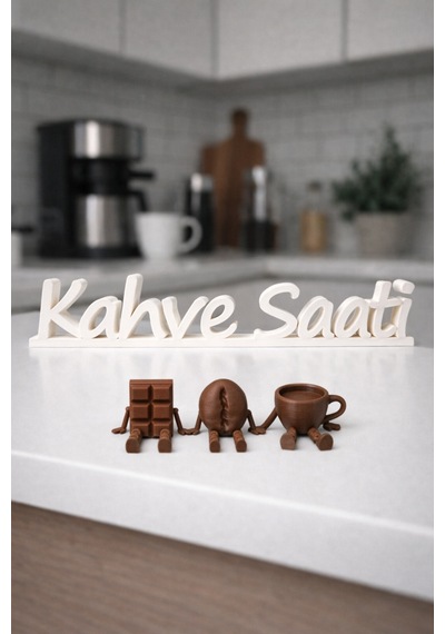 Kahve Saati Dekoratif Yazı + Sallanan Ayaklı 3 Lü Figür Seti Kahve Köşesi Mutfak Süs