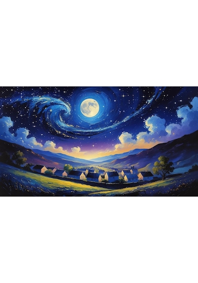 Doğa Ve Manzara Yatay Sessiz Bir Köyün Üzerinde Yıldızlı Gece Parlayan Ay 07 Çerçevesiz 90x60cm Pvc Tablo