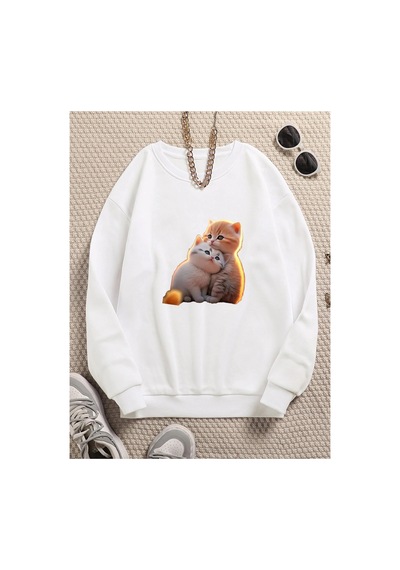 Tarzsokak Kedicikler Renkli Oversize Bisiklet Yaka Pamuklu Sweatshirt Beyaz