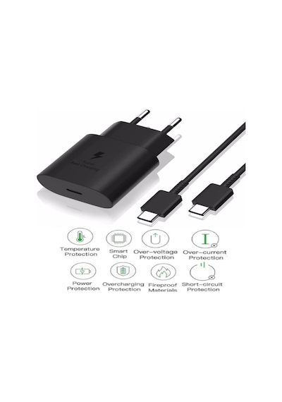 Samsung Galaxy S20 Plus Uyumlu Type-c Ultra Hızlı Şarj Seti 22.5w 3.0 Amper Siyah Şarj Adaptörü Ve Kablo