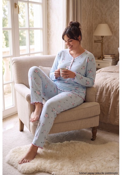 Seboteks Fitilli Kaşkorse Kumaş Uzun Kollu Büyük Beden Kadın Pijama Takımı 2990 Mavi