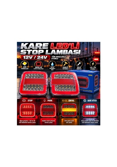 Tr 2'li Set 12v-24v Uyumlu Neon Led'li Kare Stop Lambası Fonksiyonel Stop Park Sinyal Geri Vites Kamyonet Kamyon Römor