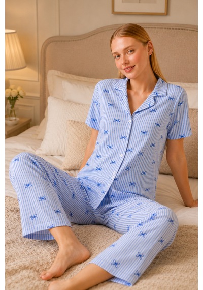 Mavi Kurdele Desenli Çizgili Bürümcük Pijama Takımı 4645-mavi