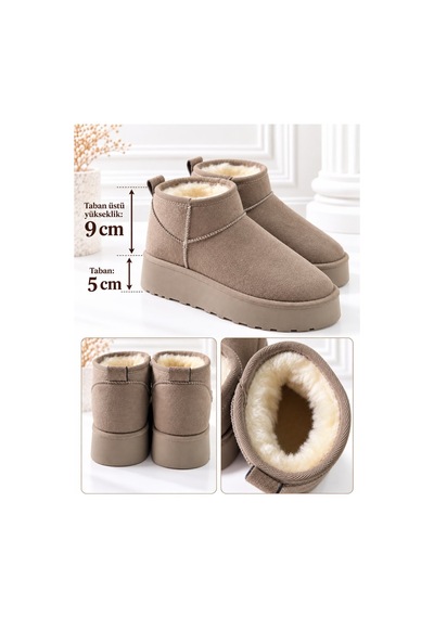 Dabab Shoes Kardelen Kadın Bej Lüks Süet İçi Kürklü Sıcak Astarlı 5 Cm Kalın Tabanlı Kısa Bot Kar Botu