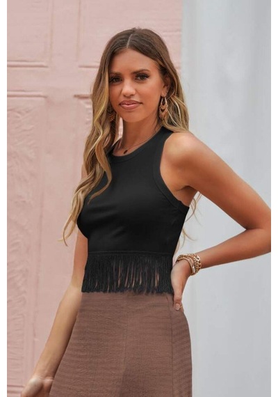 Bella Notte Siyah Saçaklı Viskon Crop Bluz