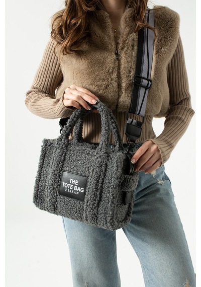 Elizan Kolon Askılı The Tote Modern Gri Peluş Kadın Çantası Siyah