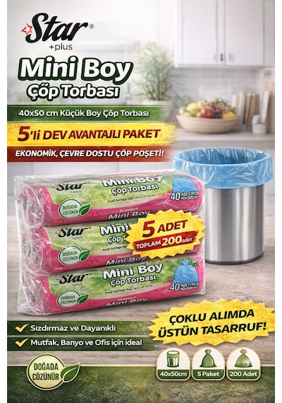 Star Plus Mini Boy Çöp Torbası 40'lı 5 Paket 40x50 Cm Dayanıklı Sızdırmaz Küçük Boy Çöp Poşeti