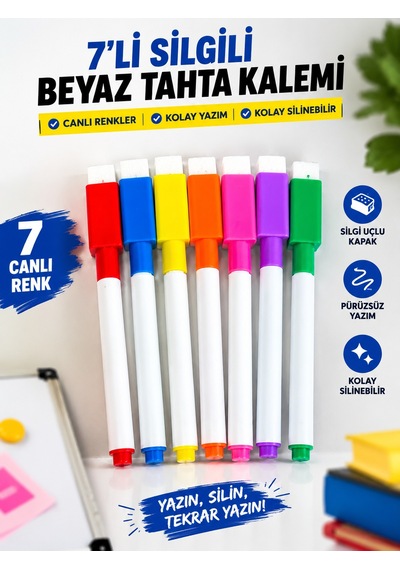 Bakgelal 7'li Silgili Beyaz Tahta Kalemi Akrilik Çizim Panosu Uyumlu Renkli Set Çok Renkli