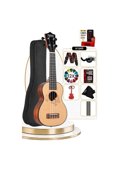 Midex Spa-261 Ladin Ağacı Kelebek Desenli Kaliteli Soprano Ukulele Seti