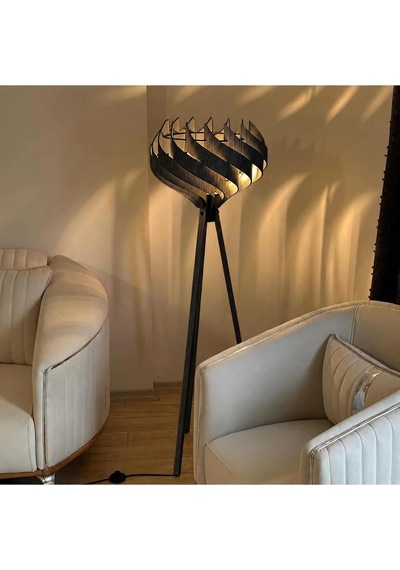 Tr Modern Ahşap Tripod Lambader Dekoratif Salon Köşe Lambası Siyah Diğer