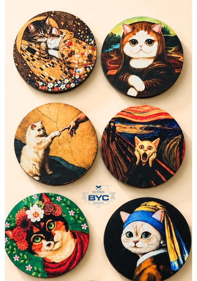 Sanat Eseri Kedi Tasarımlı 6 Lı Bardak Altlığı Seti 9 Cm, 3 Mm Mdf, Uv Dijital Baskı Çok Renkli