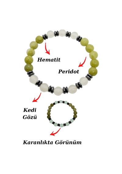 Gümüştel El Sanatları Sertifikalı Peridot Kedi Gözü Hematit Doğal Taş Bileklik Karanlıkta Işık Saçar Çok Renkli