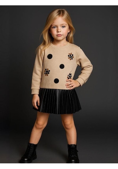 Kız Çocuk Sweatshirt Ve Pilise Detaylı İç Elbise 2'li Takım-16221 Bej