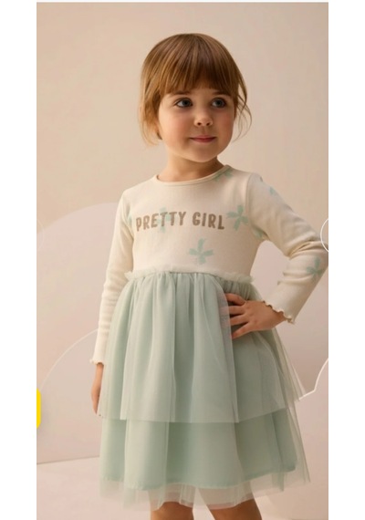 Fidekids Fiyonklu Simli Baskı Tüllü Kız Çocuk Elbise 3-6 Yaş Mint - Yeşil