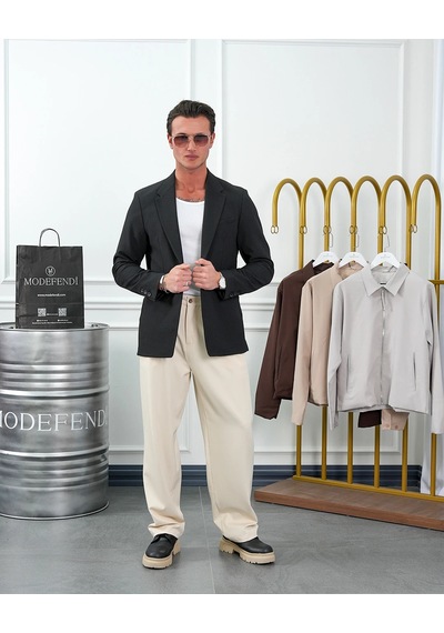 Modefendi Özel Seri %100 Gofre Kumaş İtalyan Kesim Modern Fit Ceket Siyah