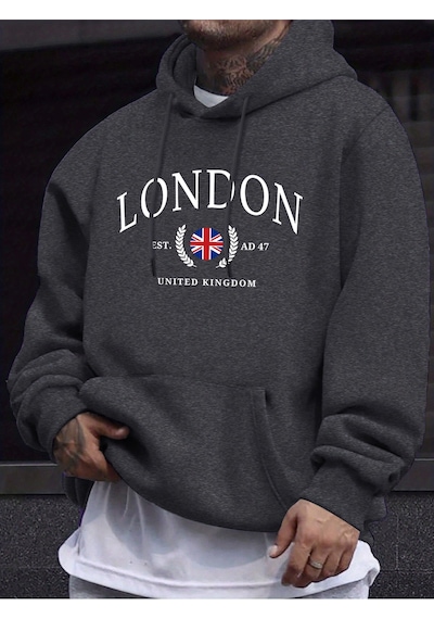 Startmore Startmorelondra Birleşik Krallık Bayrağı Baskı O Yaka Kapüşonlu Üst Erkek Büyük Boy Sokak Kazakları Ye Antrasit
