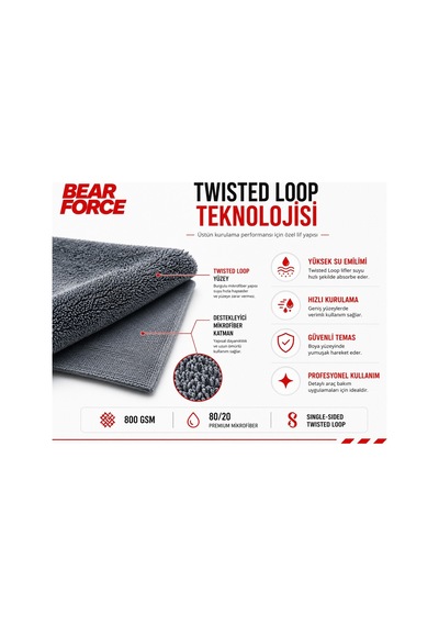 Robeve Bear Force Araç Kurulama Havlusu 60x80 Cm 800 Gsm Twisted Loop Mikrofiber Oto Kurulama Bezi Yüksek Su Emici Çiziksiz Araç Kurulama Havlusu Profesyonel Araç Bakım Ve Oto Yıkama Bezi