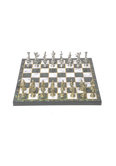 Lüks Metal Satranç Takımı Krom Kaplama Roma Ordusu Figür & Zümrüt Yeşili Mermer Desenli Tahta 20 Cm.