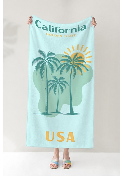 Palmiye Tropikal California Plaj Havlusu - Mint Sarı Akdeniz Marine Hızlı Kuruyan Mikrofiber Havlu Çok Renkli