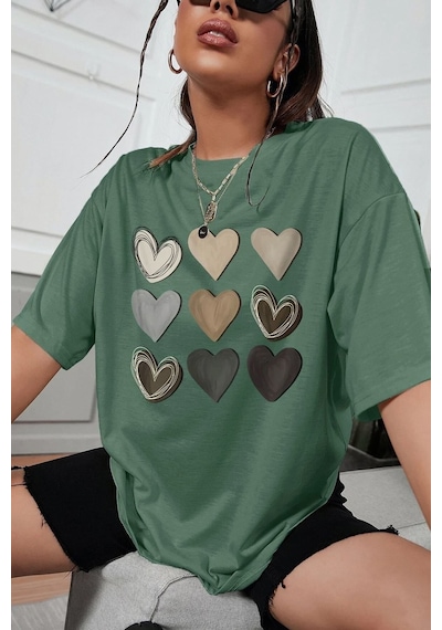 Unisex Kalp Baskılı Tasarım Tshirt Yeşil