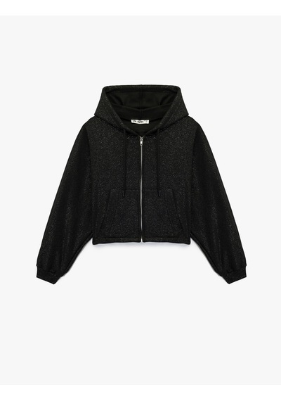 Koton Şardonlu Kapüşonlu Baskılı Cep Detaylı Fermuarlı Sweatshirt Siyah 6wal10488ık Siyah