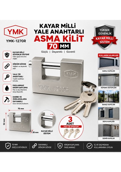 Ymk Kayar Milli Yale Anahtarlı Gri Asma Kilit 70 Mm Kod :ymk-1270r