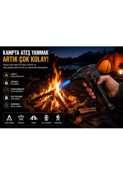 Pürmüz Çakmak 1300 C Turbo Jet Alevli Mangal Kamp Şömine Çakmağı Ayarlanabilir Alev Pürmüz Çakmak Diğer