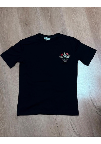 Yubistitch Tshirt Nakış İşlemeli Demet Çiçek- Penye-siyah