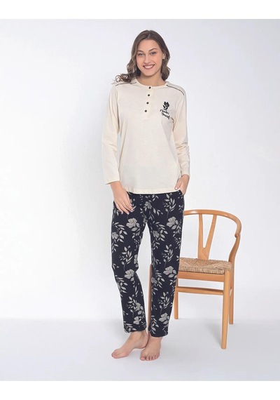 Senfoni Kadın Düğmeli Yaka Uzun Kol Pamuklu Pijama Takımı 6044 -1 Adet 001