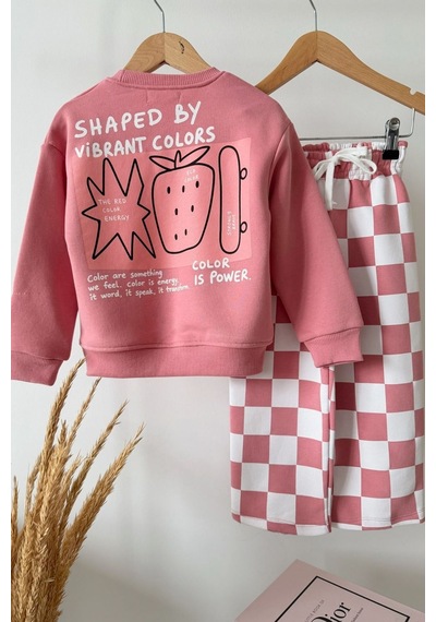 Zuzunga Kız Çocuk Dama Desenli Oversize 3 İplik Sweatshirt Ve Bol Paça Eşofman Takım Pembe Zuzunga Kız Çocuk Dama Desenli Oversize 3 İplik Sweatshirt Ve Bol Paça Eşofman Takım Pembe