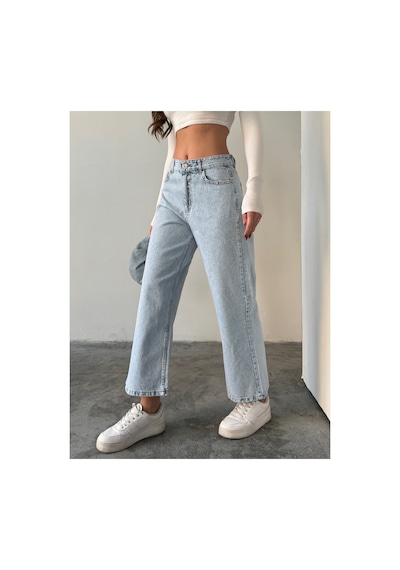 Blue Marlın Buz Kar Yüksek Bel Bilek Boy Kot Bol Paça Jeans Buz Kar